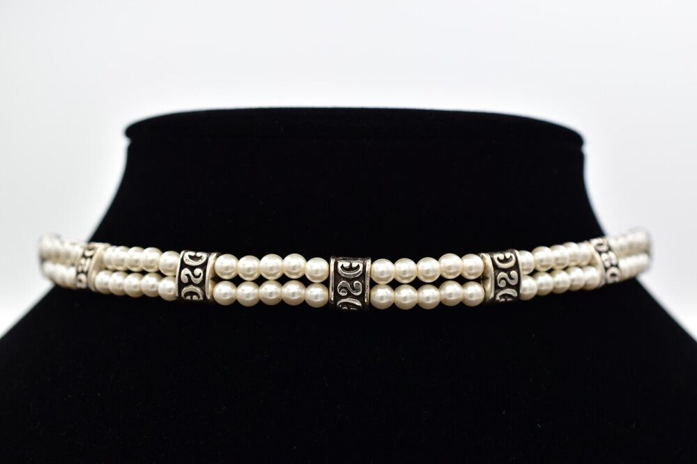 Brighton Vintage Choker Necklace Faux Pearl White Silver Double Layered Bin3D